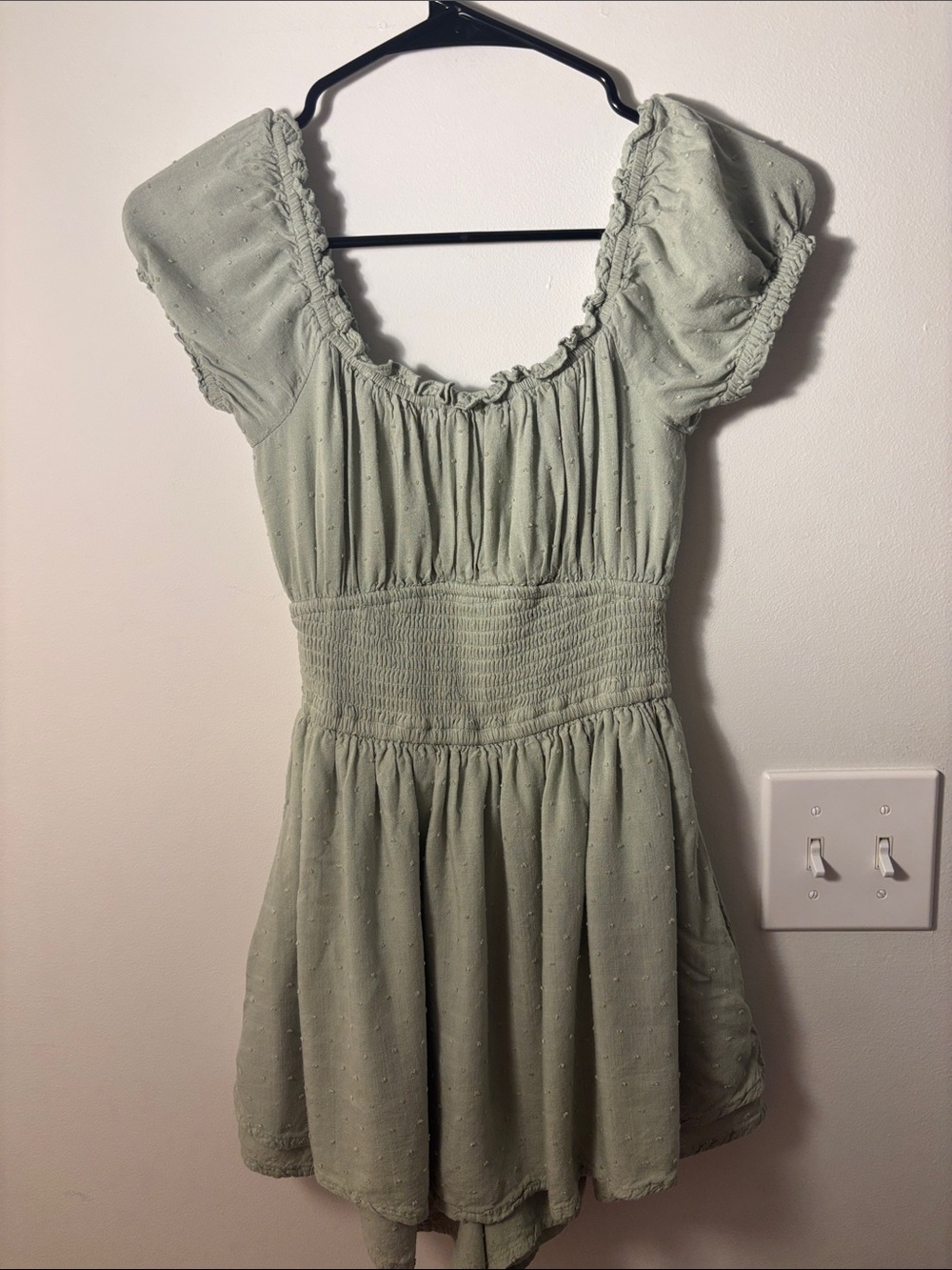 Hollister Sage Green Puff Sleeve Smocked Romper